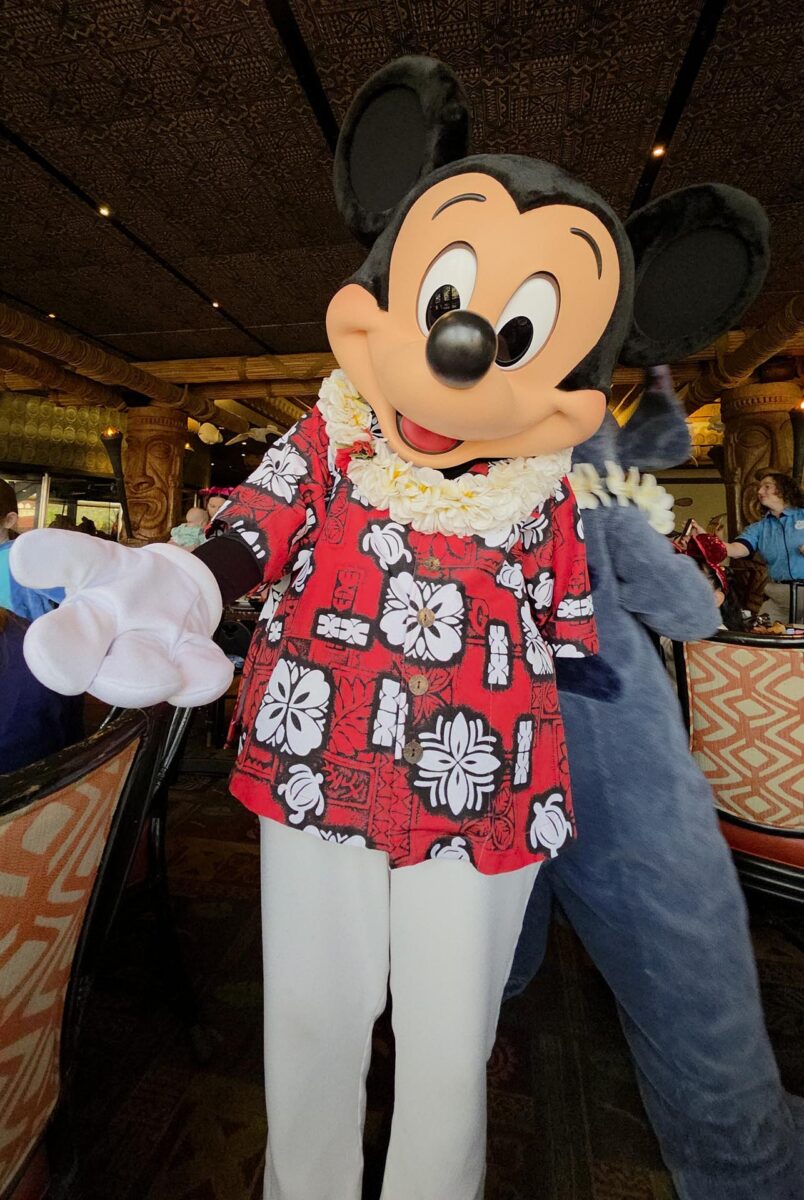 Mickey Mouse in his Hawaiian shirt at ‘Ohana restaurant