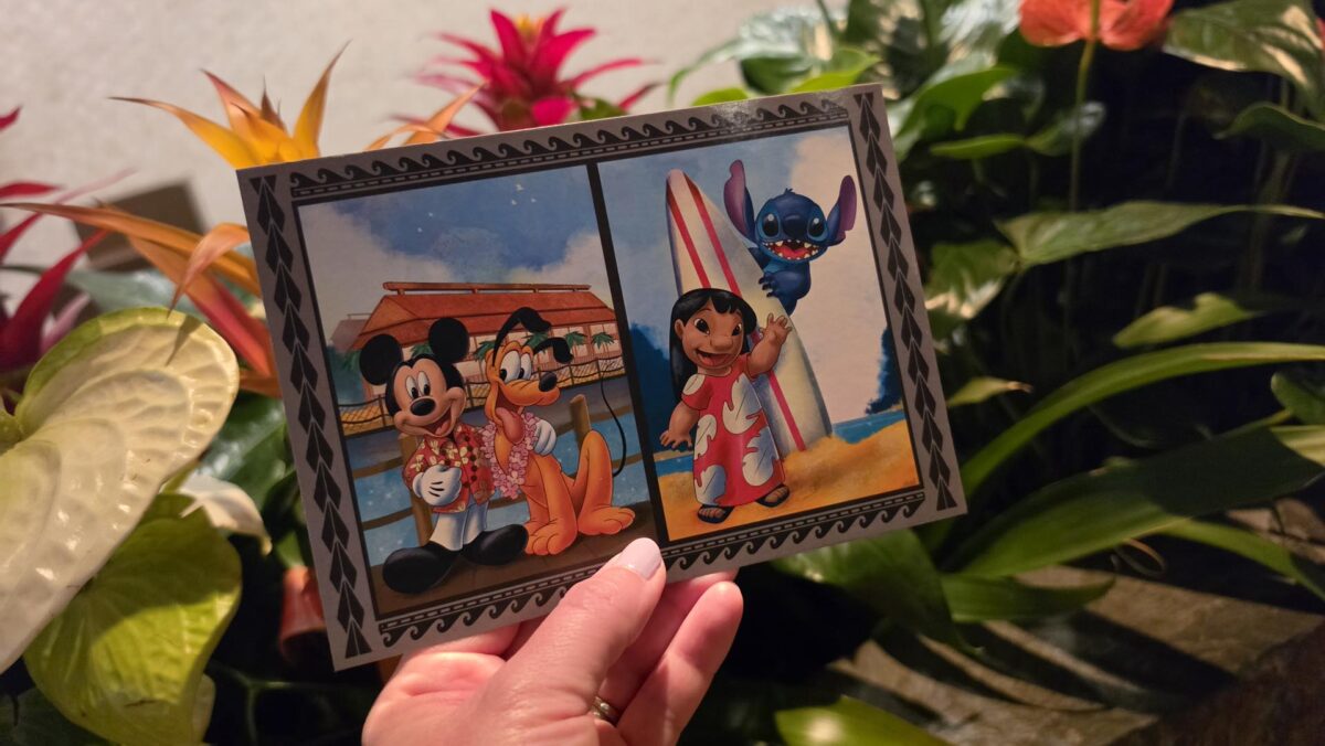 ‘Ohana postcard with character drawing of Mickey, Pluto, Lilo and Stich in front of tropical flowers at ‘Ohana restaurant