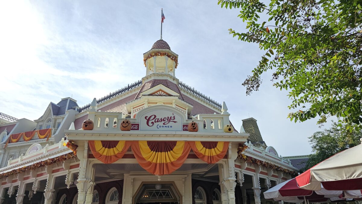 carved pumpkins on the exterior of Casey’s Corner on Main Street USA