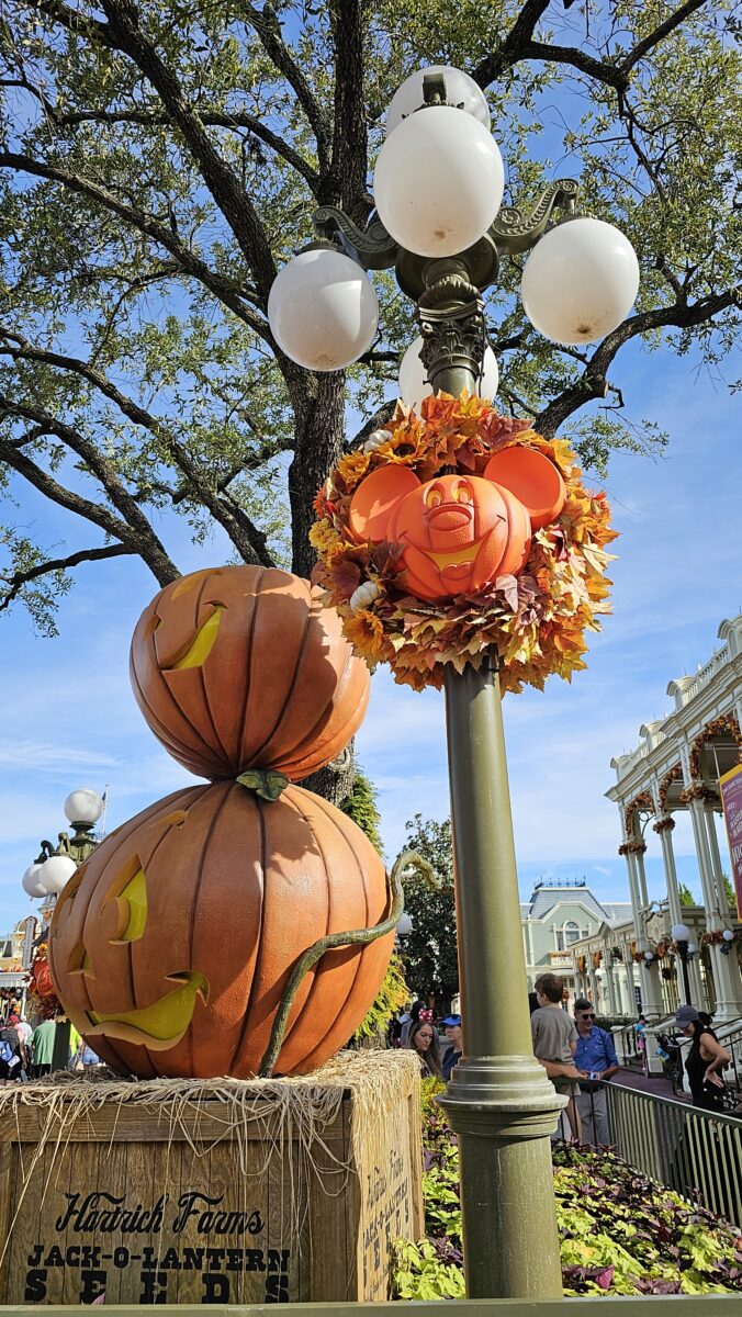 Jack o lantern and Mickey-shaped Halloween wreath at Magic Kingdom