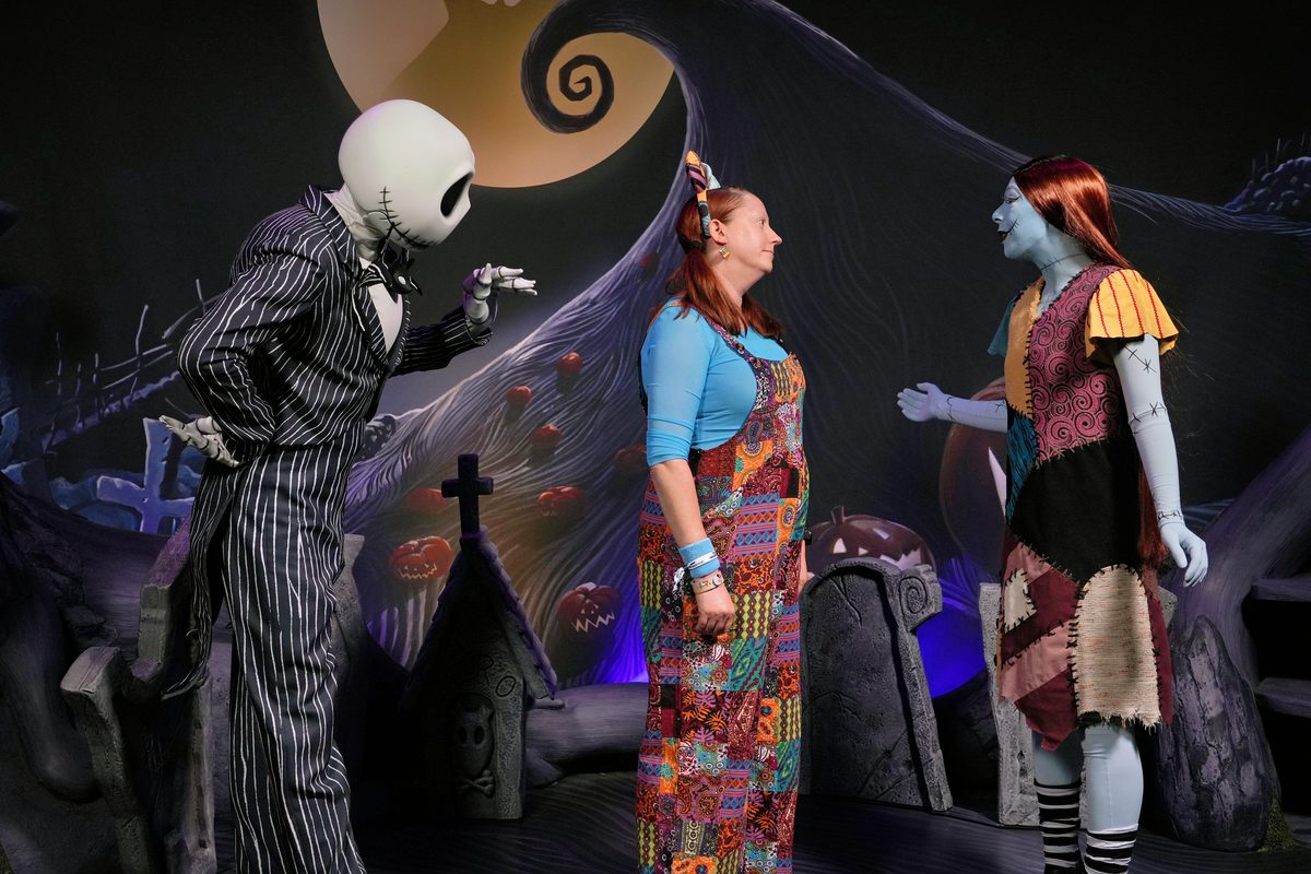 Kelly bounding as Sally and meeting Jack Skellington and Sally during Mickey’s Not-So-Scary Halloween Party at Magic Kingdom