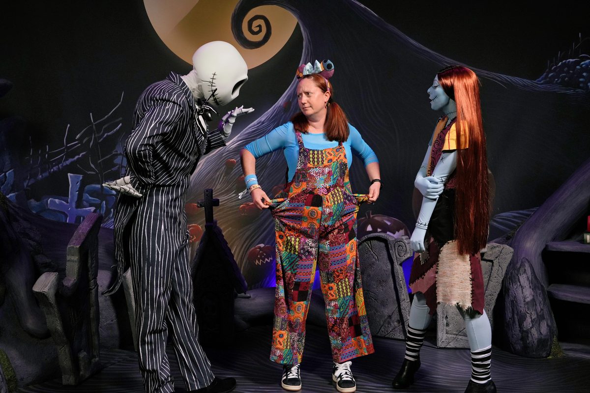 Kelly bounding as Sally and meeting Jack Skellington and Sally during Mickey’s Not-So-Scary Halloween Party at Magic Kingdom