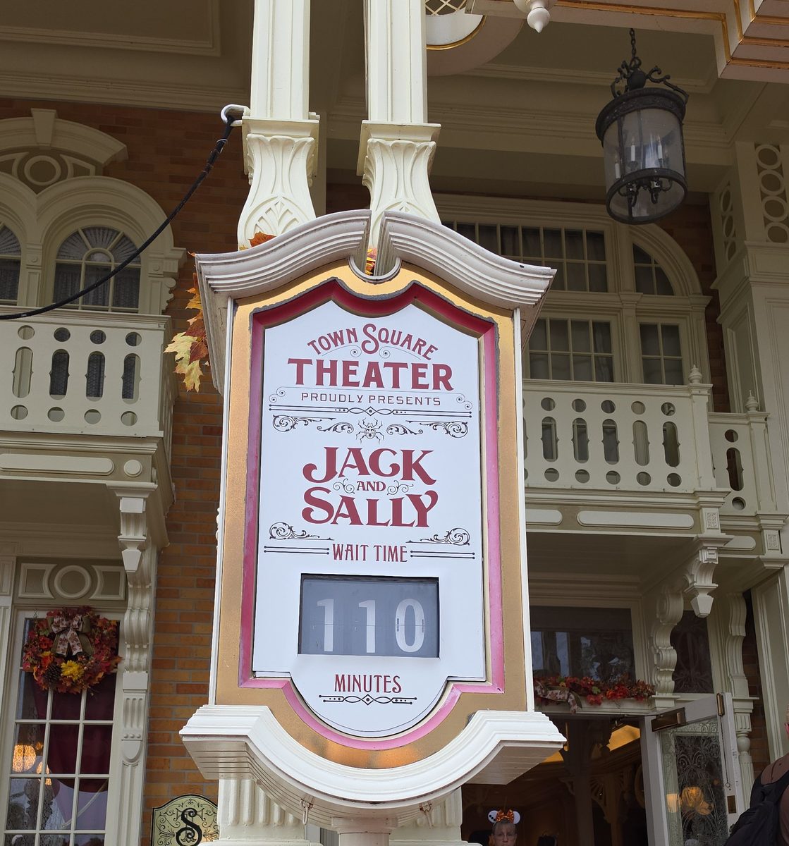 Wait time sign for Jack Skellington and Sally during Mickey’s Not-So-Scary Halloween Party at Magic Kingdom