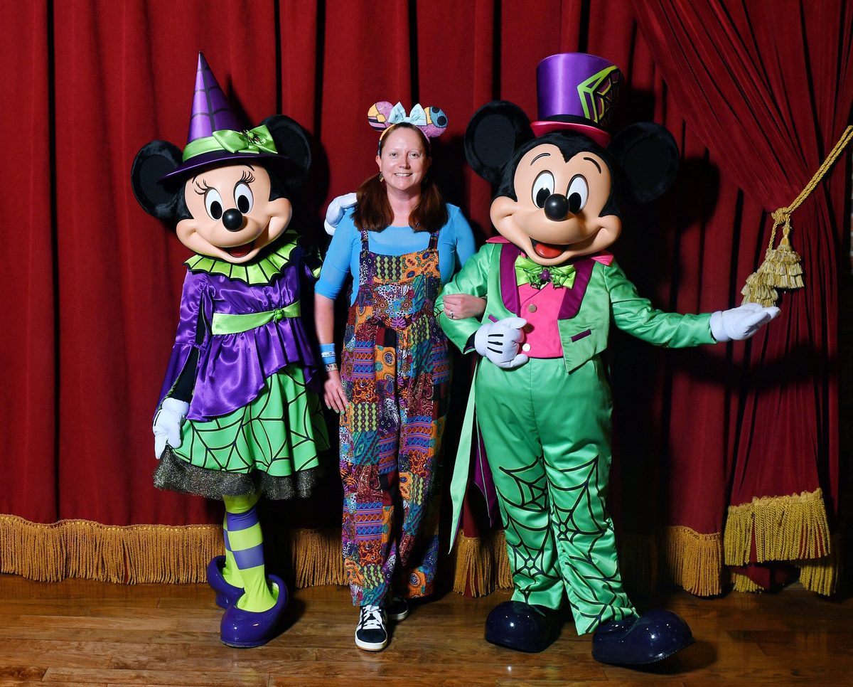 Kelly bounding as Sally and meeting Mickey and Minnie during Mickey’s Not-So-Scary Halloween Party at Magic Kingdom