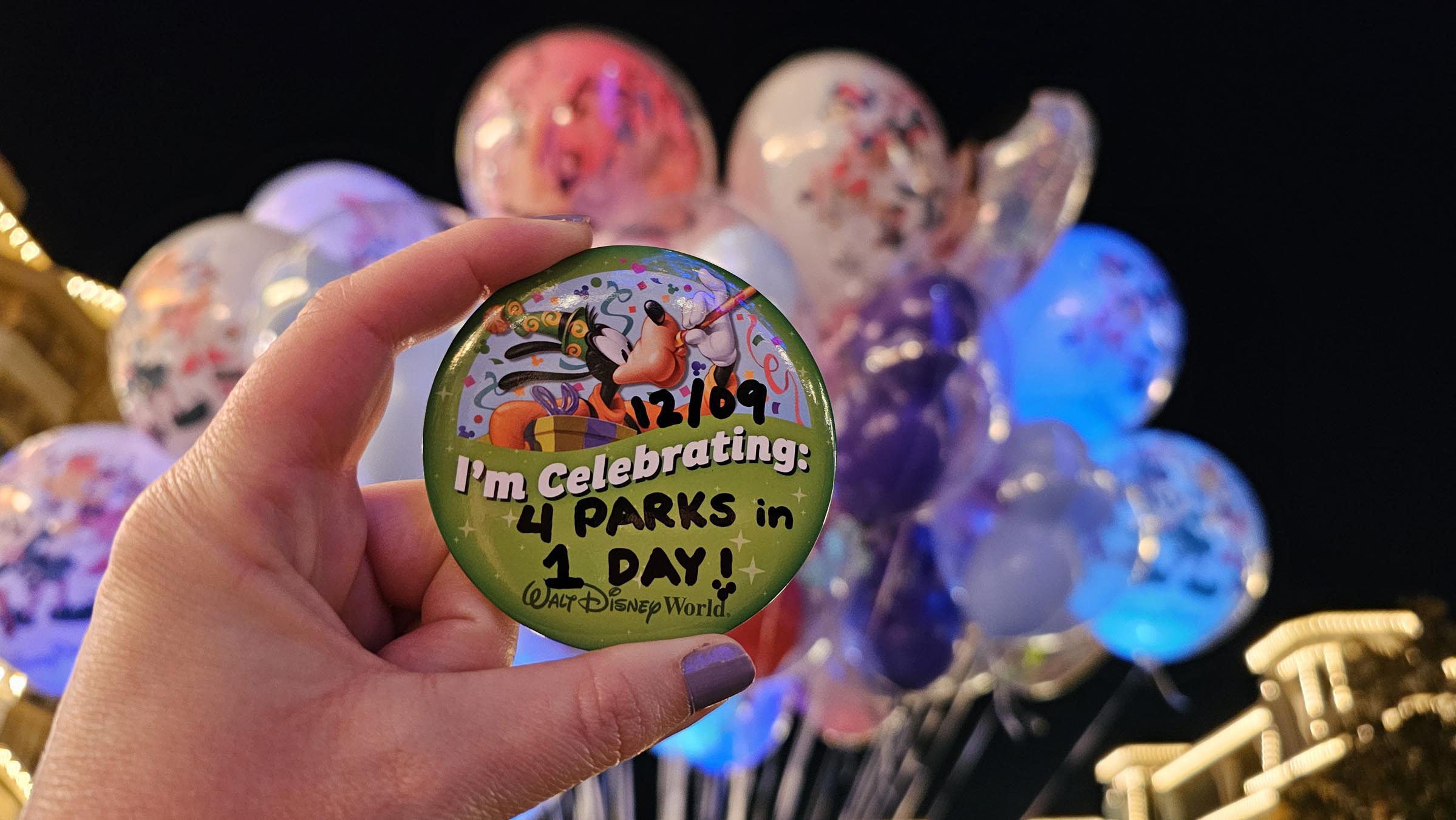 4 Parks 1 Day Celebration Button with balloons in the background