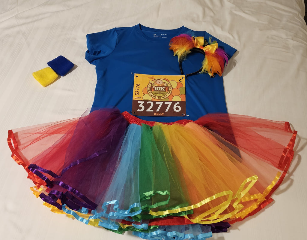 Kelly’s Kevin from Up costume for running the 2024 Springtime Surprise 10K Adventure is Out There race