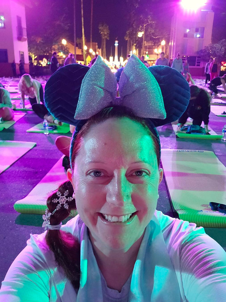 Kelly on her yoga mat for Early Morning Yoga at Disney’s Hollywood Studios