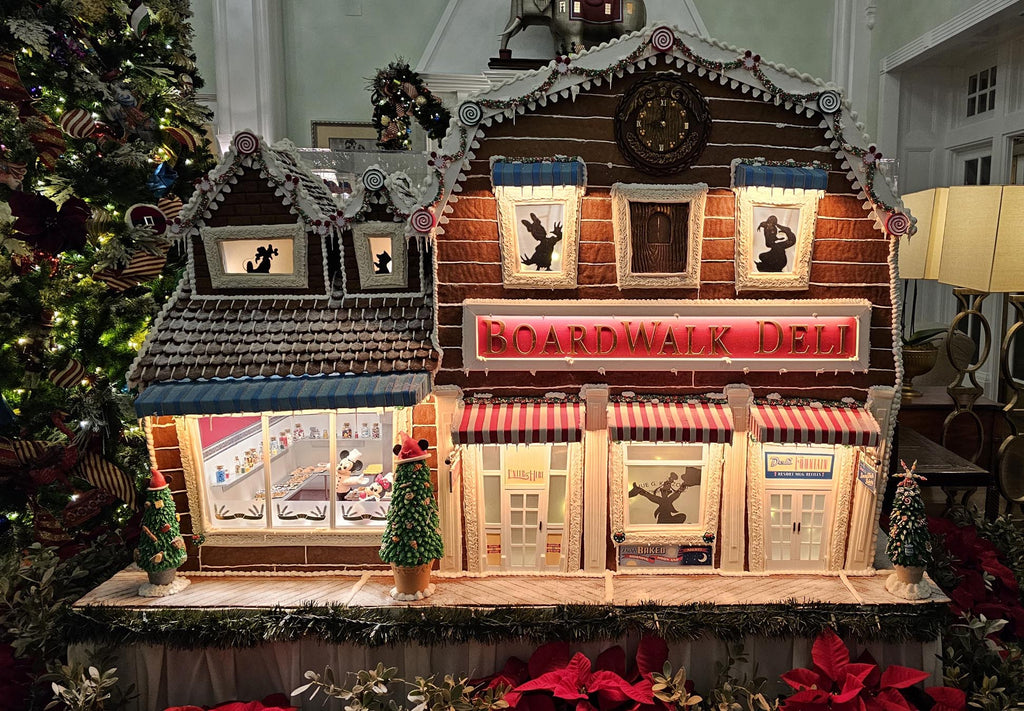 A gingerbread house of the Boardwalk Deli in the lobby of Disney’s Boardwalk Inn