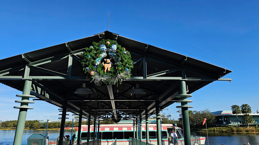Christmas wreath at the boat dock for Disney’s Hollywood Studios
