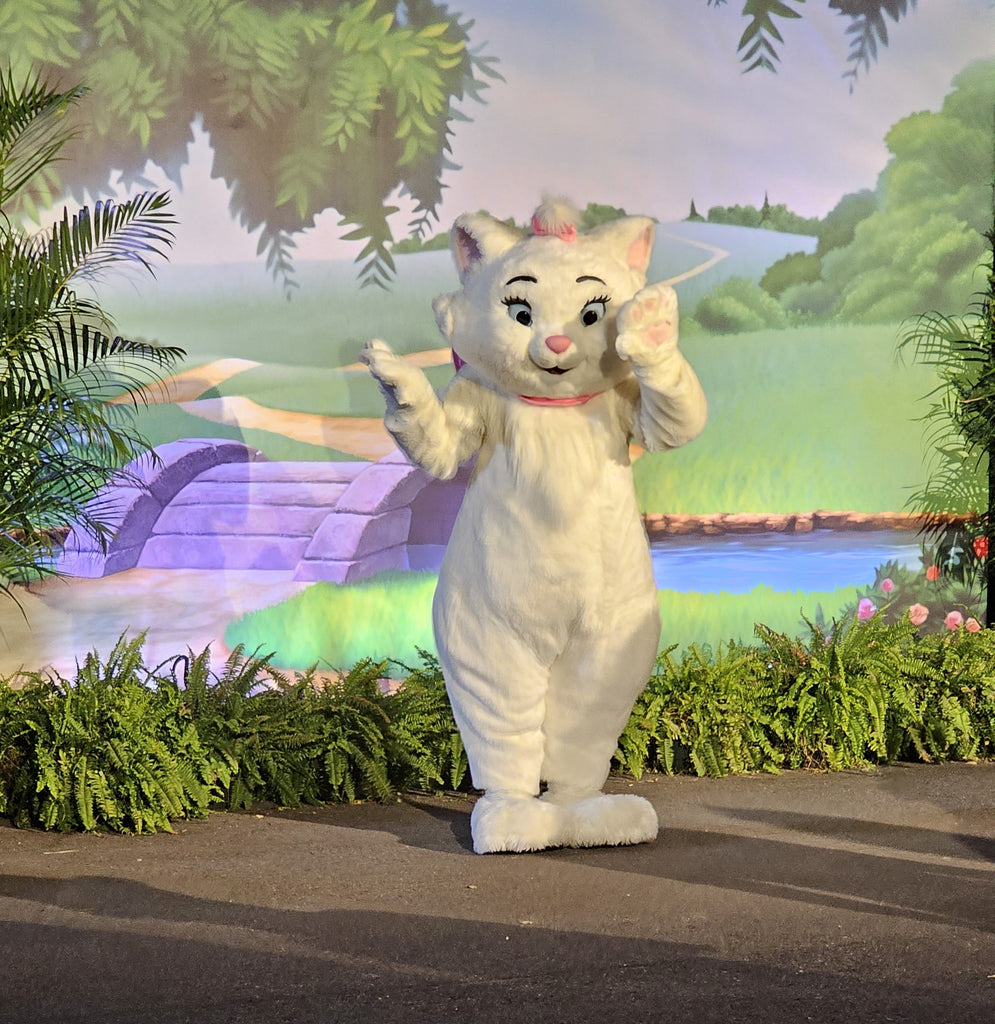 Character Marie from the Aristocats at the starting line area of the RunDisney 2024 Springtime Surprise 10K