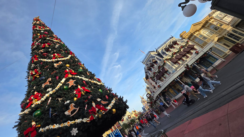 Christmas Tree and Main Street U.S.A. at Magic Kingdom decorated for Christmas