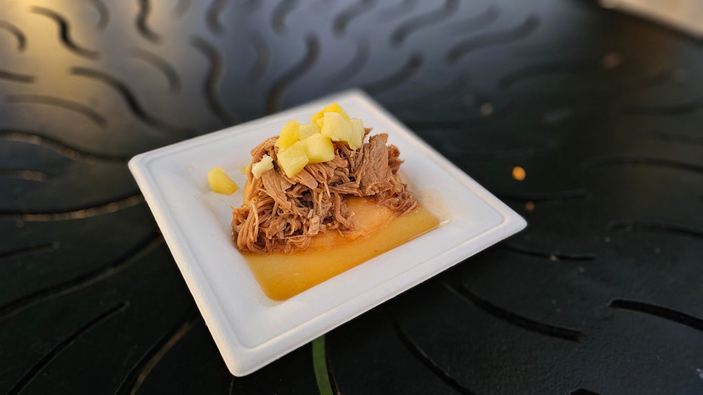 Kālua Pork with Okinawa sweet potatoes and mango salad