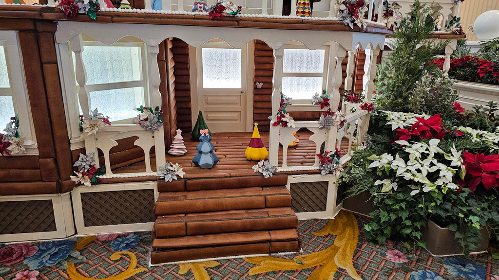 Christmas trees that are decorated as bounds for Disney characters as part of the gingerbread house at Disney’s Grand Floridian