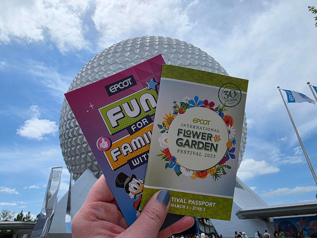 Epcot International Flower & Garden Festival Passport with the geosphere in the background