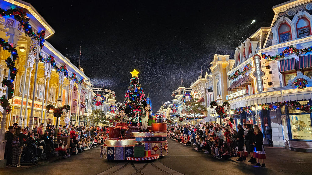 Mickey and Minnie on a float as part of the Mickey’s Once Upon a Christmas Parade