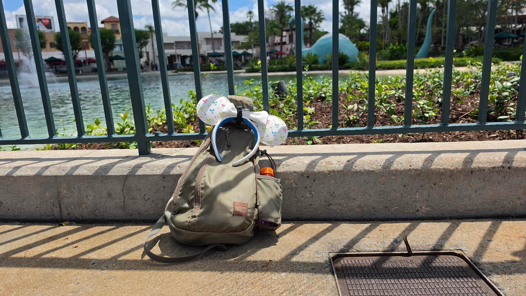 Kelly’s park bag in Disney’s Hollywood Studios with the lake behind it