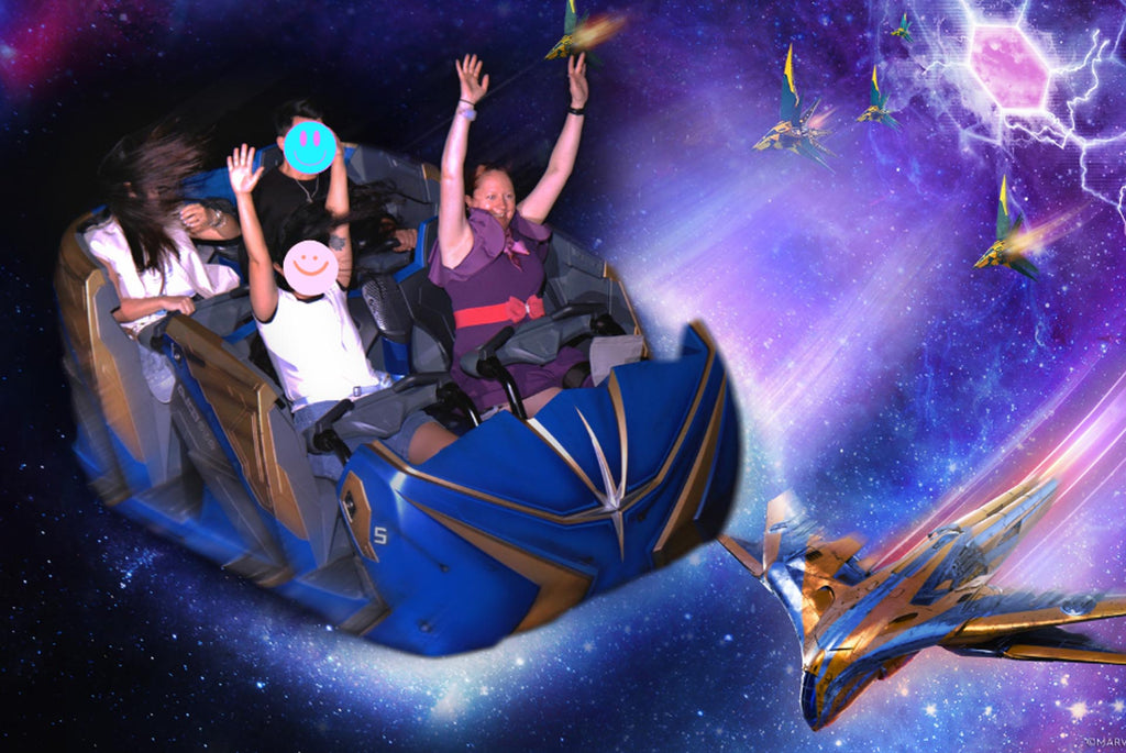 Kelly in her Dapper Rapunzel bound riding Guardians of the Galaxy: Cosmic Rewind