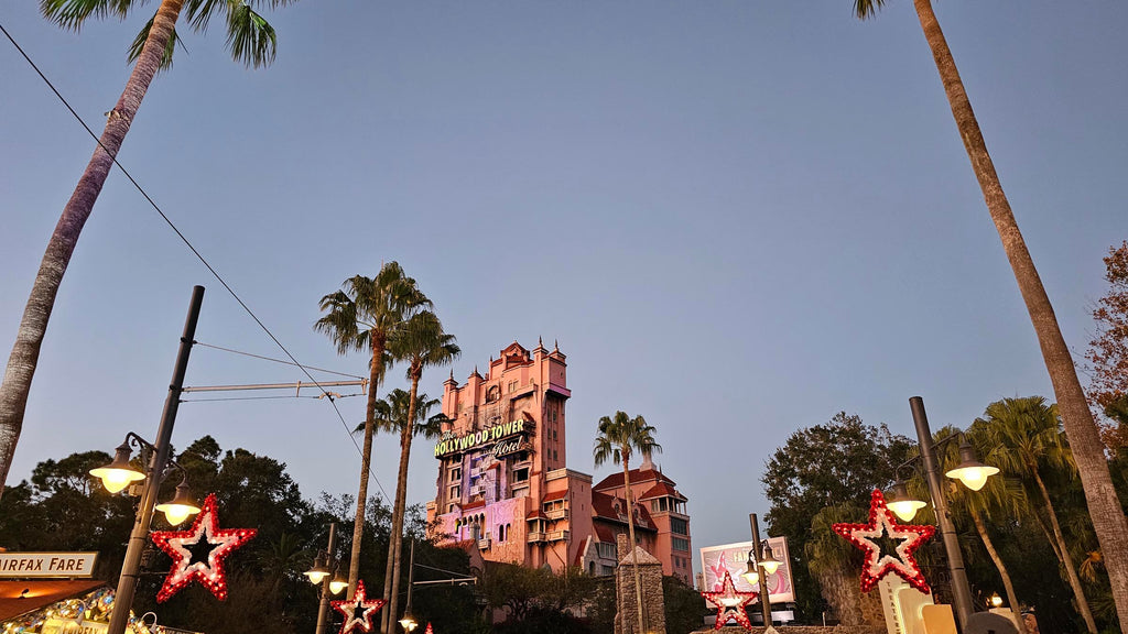 Tower of Terror and holiday decorations at Disney’s Hollywood Studios