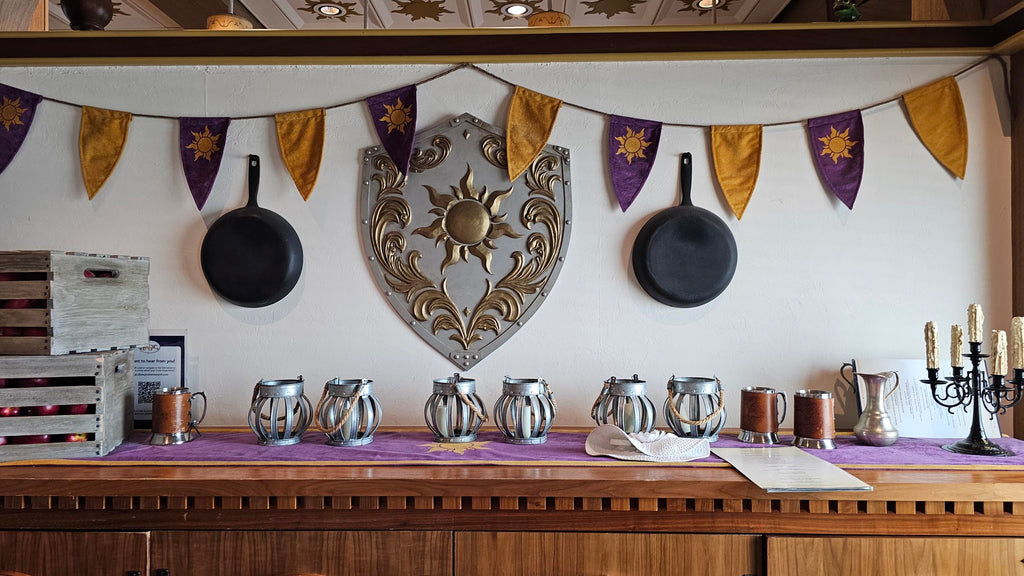yellow and purple flag décor from Rapunzel’s Royal Table on the Disney Magic