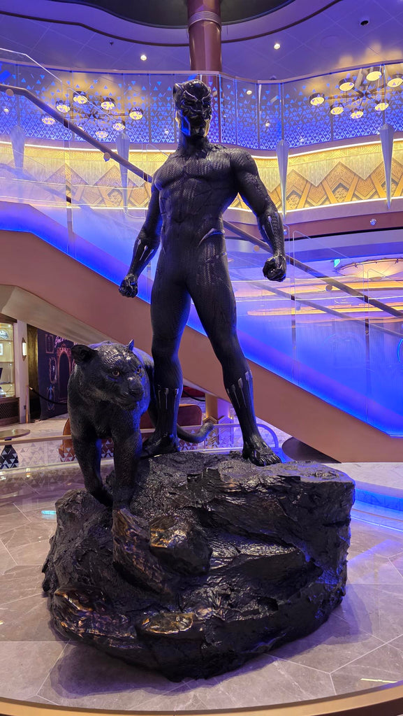 Statue of T’Challa, the Black Panther in the Grand Hall of the Disney Destiny