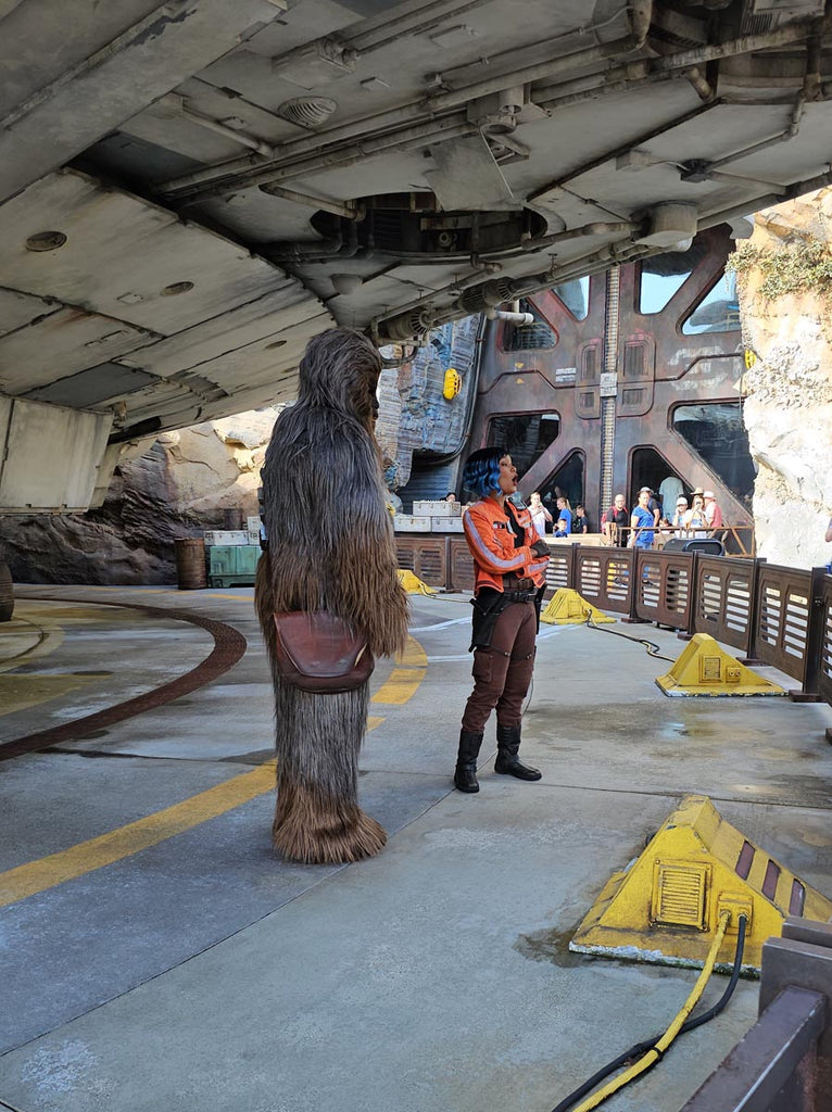 Chewbacca and fellow resistance fighter at Star Wars: Galaxy’s Edge in Disney’s Hollywood Studios