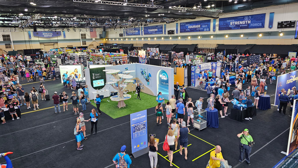 overhead shot of the RunDisney merchandise booths