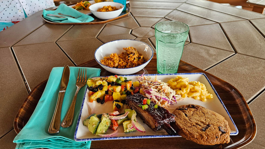 plate of various foods from True-True Too BBQ on Lookout Cay at Lighthouse Point
