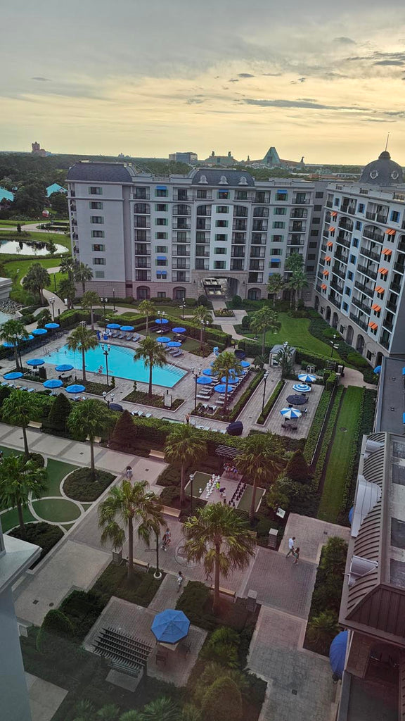 View of the quiet pool at Disney’s Riviera Resort from the Topolino’s Terrace balcony