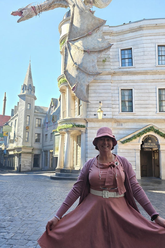 Kelly Bounding as Dolores Umbridge in front of Gringotts Banks at Universal Studios Orlando