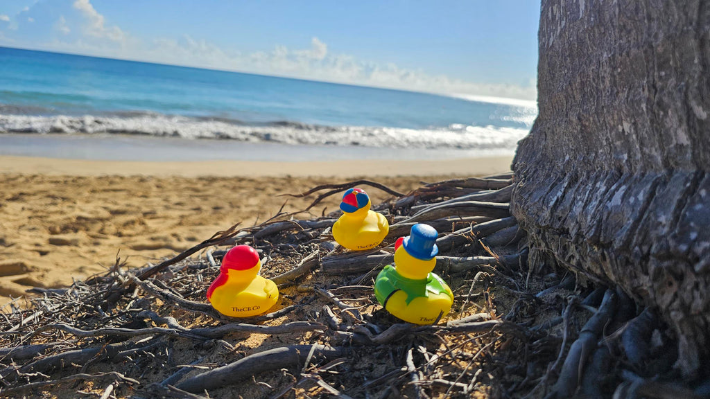 3 rubber ducks sitting on the sand next to a palm tree