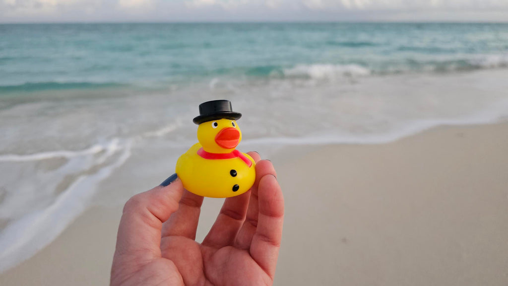 snowman rubber duck being held in a hand with a beach in the background