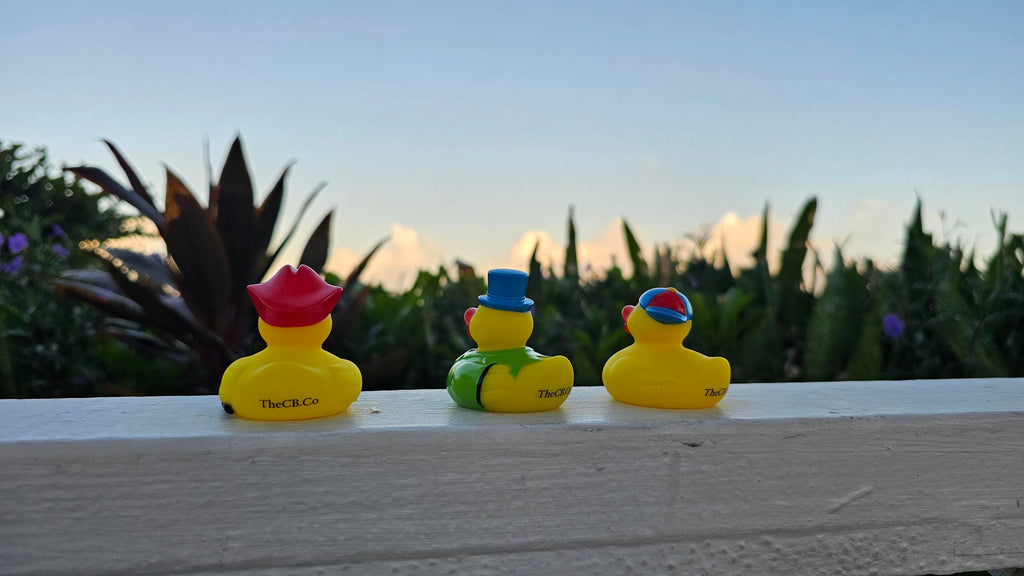 3 rubbers ducks sitting on a white rail